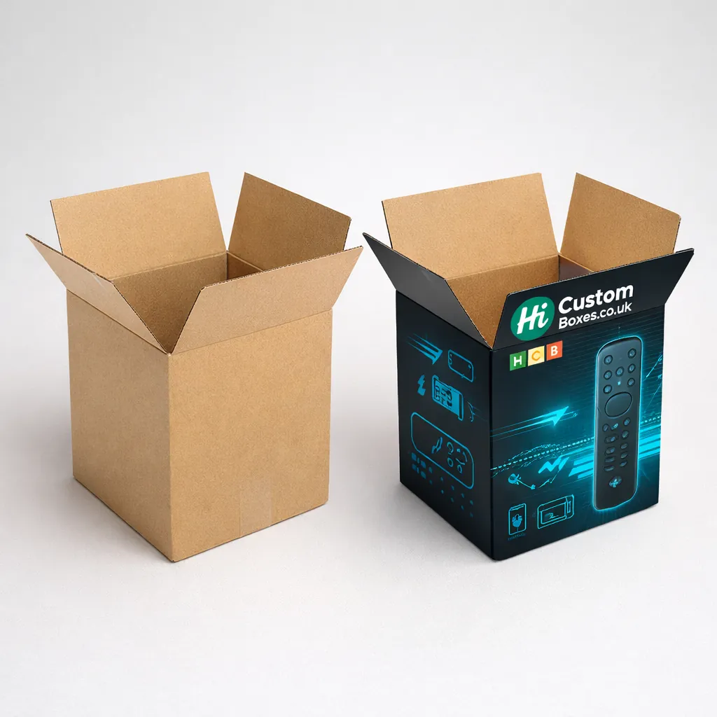 Two open square corrugated cardboard boxes, one natural brown and one with black branded printed graphics. class=